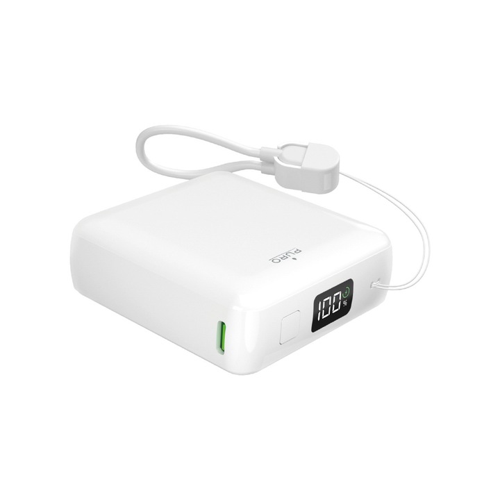 Powerbank Puro 10000mAh, 20W, USB-A, USB-C, fehér, LCD kijelzővel