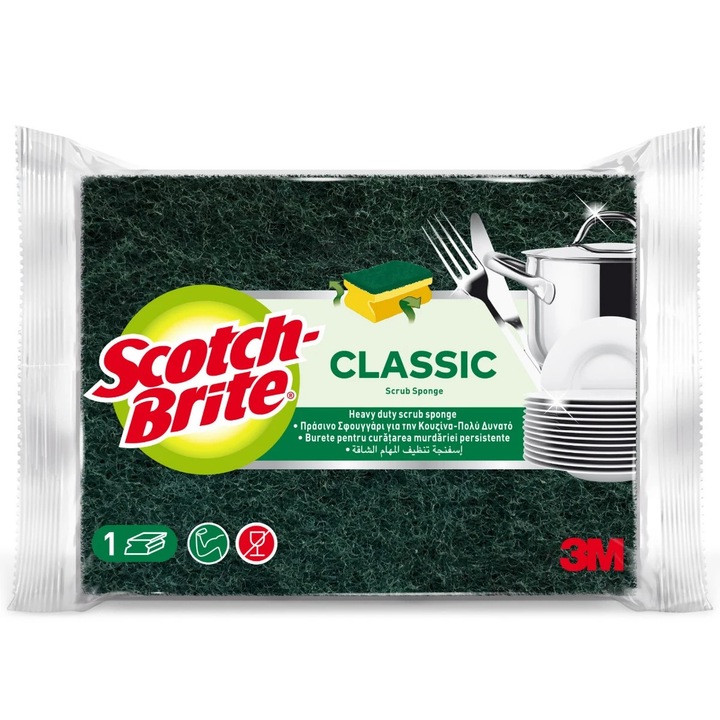 Burete pentru bucatarie Scotch-Brite, cu canelura, protectie unghii, verde + galben