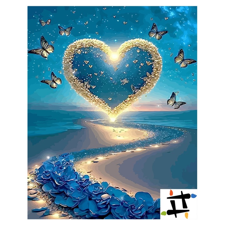 Set pictura pe numere Inima cu fluturi 6420, panza bumbac pe rama lemn, 40x50 cm, tablou cu schita, 3 pensule si vopsea acrilica