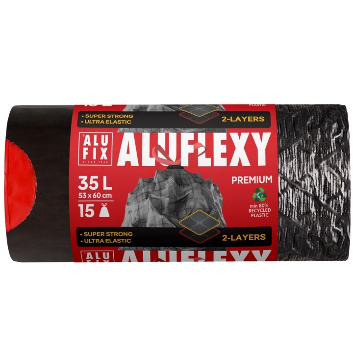 Saci menajeri / gunoi Alufix, cu manere, elastici si rezistenti, negru, 35 L, 15 buc