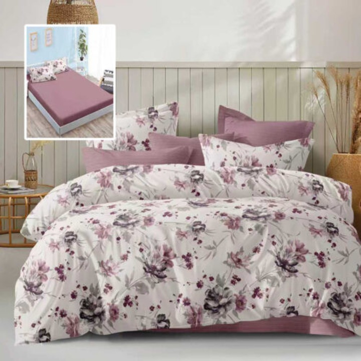 Lenjerie de pat microfibra, 6 piese, pentru pat dublu, cearceaf de pat cu elastic 160x200cm, cearceaf de pilota 200x230cm si doua fete de perna 50x70cm si doua fete de perna 70x70cm, Pucioasa, ECH10