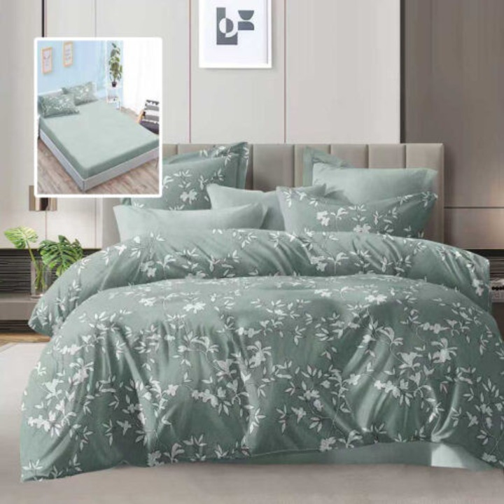 Lenjerie de pat microfibra, 6 piese, pentru pat dublu, cearceaf de pat cu elastic 160x200cm, cearceaf de pilota 200x230cm si doua fete de perna 50x70cm si doua fete de perna 70x70cm, Pucioasa, ECH13