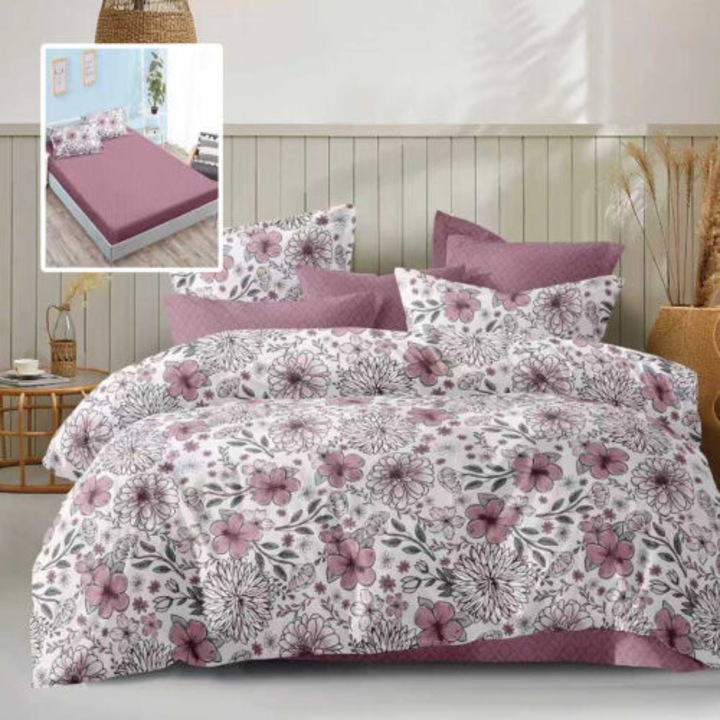 Lenjerie de pat microfibra, 6 piese, pentru pat dublu, cearceaf de pat cu elastic 160x200cm, cearceaf de pilota 200x230cm si doua fete de perna 50x70cm si doua fete de perna 70x70cm, Pucioasa, ECH19