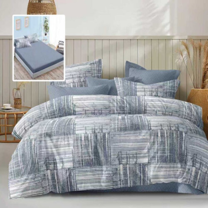 Lenjerie de pat microfibra, 6 piese, pentru pat dublu, cearceaf de pat cu elastic 160x200cm, cearceaf de pilota 200x230cm si doua fete de perna 50x70cm si doua fete de perna 70x70cm, Pucioasa, ECH36