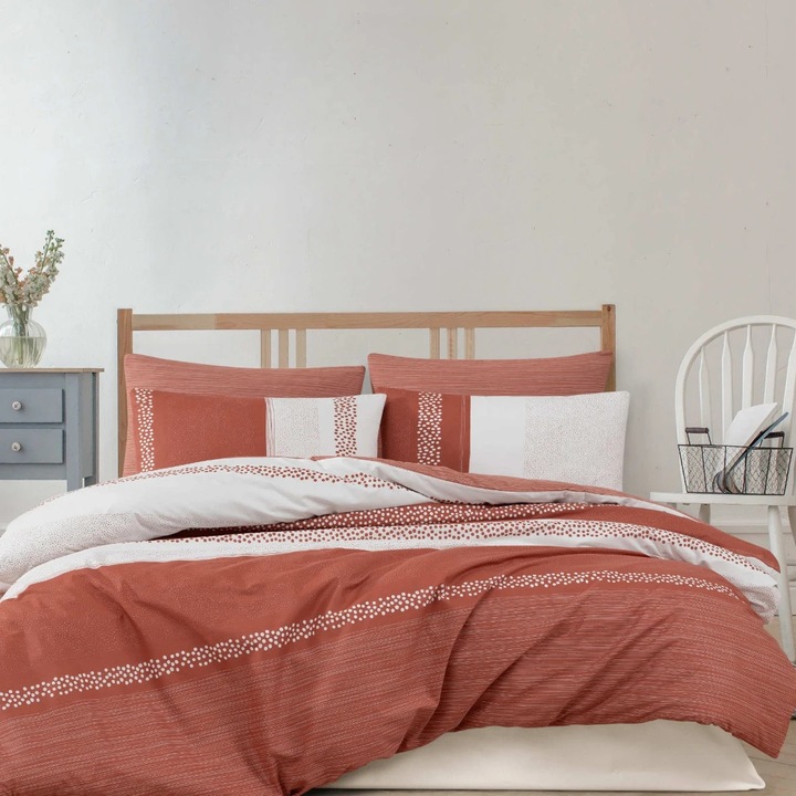Lenjerie de pat bumbac ranforce, Caressa Vesta Terra, 2 persoane, caramiziu, set 4 piese