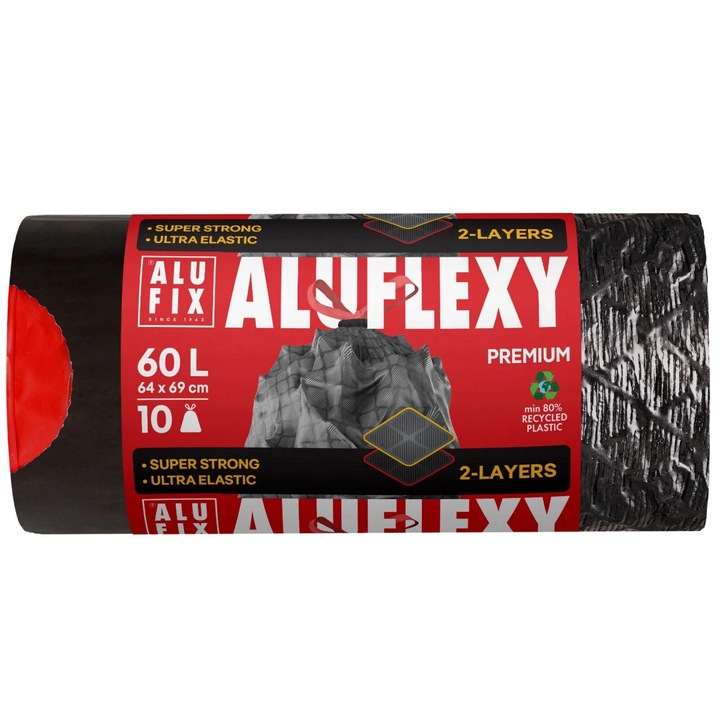 Saci menajeri / gunoi Alufix, cu manere, elastici si rezistenti, negru, 60 L, 10 buc