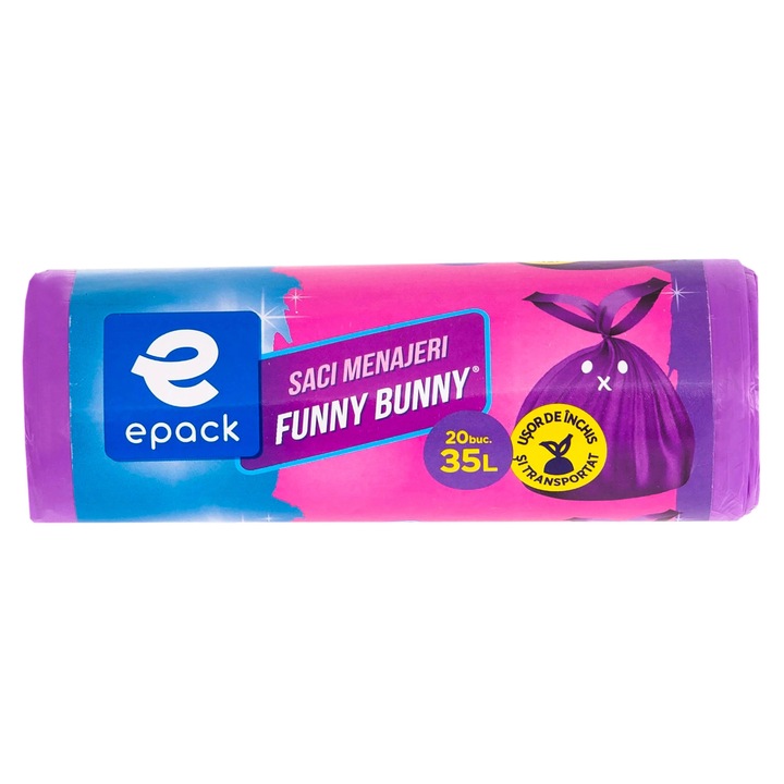 Saci menajeri / gunoi Epack Funny Bunny, cu manere, violet deschis, 35 L, 20 bucati