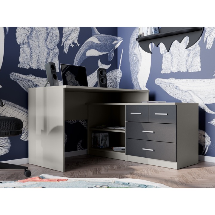 Birou Coltar, Meblast, Fabricat Din Placa Laminata Pe Ambele Fete Cu Grosimea De 18 mm, Sertare Si Rafturi Pentru Depozitare, Posibilitate De Amplasare Universala In Colt, Garanti De Calitate De La Producatorul Roman, 120 x 120 x 76 cm, Multicolor