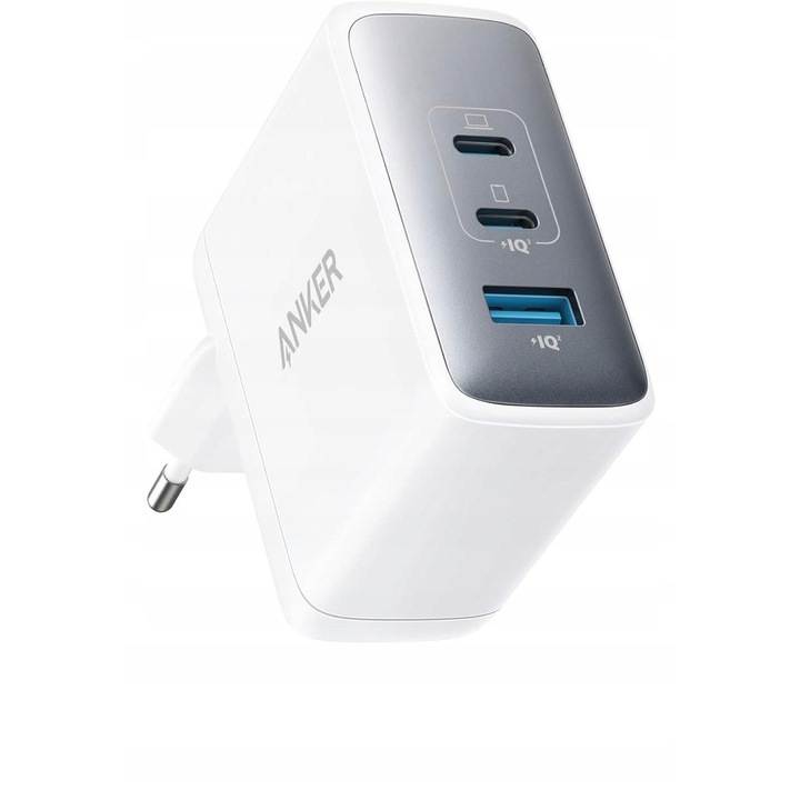 Incarcator de retea, Anker, Model 736 Nano II, 100W, Tehnologie GaN, 3 Porturi: 2x USB-C si 1x USB-A, Power Delivery, PowerIQ 3.0, Pentru laptopuri si smartphone-uri, ActiveShield 2.0, alb