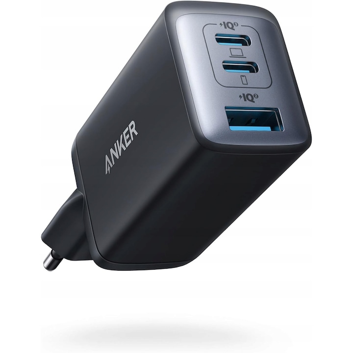 Incarcator de retea, Anker, Model 735 Nano II, 65W, Tehnologie GaN, 3 Porturi: 2x USB-C si 1x USB-A, Power Delivery, Incarcare rapida PowerIQ 4.0, Pentru laptopuri si smartphone-uri, negru