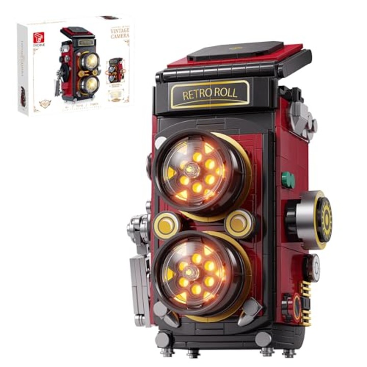 Комплект за изграждане на ретро камера със светлини, 719 части, дизайн на двойно-рефлексен обектив, червен, 3.07x3.35x6.38 инча