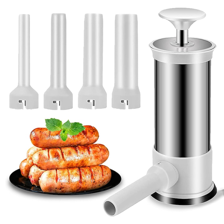 Машина за пълнене на колбаси, Rqiurpn, Комплект 5 части, Голям капацитет, Лесна за използване, Лесна за почистване, Ръчна, Преносима, Бърза машина за пълнене на месо, За приготвяне на колбаси и кюфтета, Сребриста