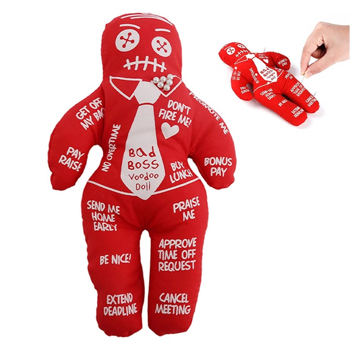Papusa voodoo anti-stres destinata pentru seful tau, Duueyct, 21.5 cm x 13 cm, Cadou Amuzant, Bumbac, Rosu