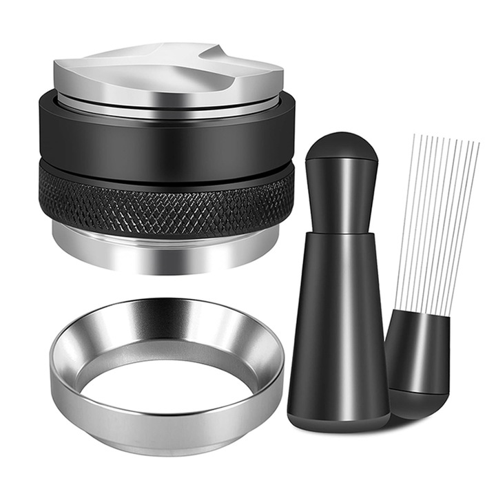 Set de 3 Accesorii Espresso, 51mm, Rqiurpn, Distribuitor si tamper, Unealta WDT, Palnie de dozare, Inox, Negru