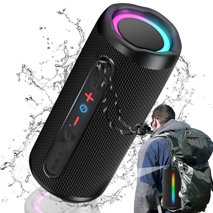 Boxa Portabila, Bedee®, 2 drivere (8W*2), putere totala de iesire de 30W, sunet stereo Hi-Fi la 360°, asociere TWS, microfon incorporat, 2000mAh, LED RGB, tehnologie Bluetooth 5.3, Card TF, IPX5, 80 x 80 x 190 mm