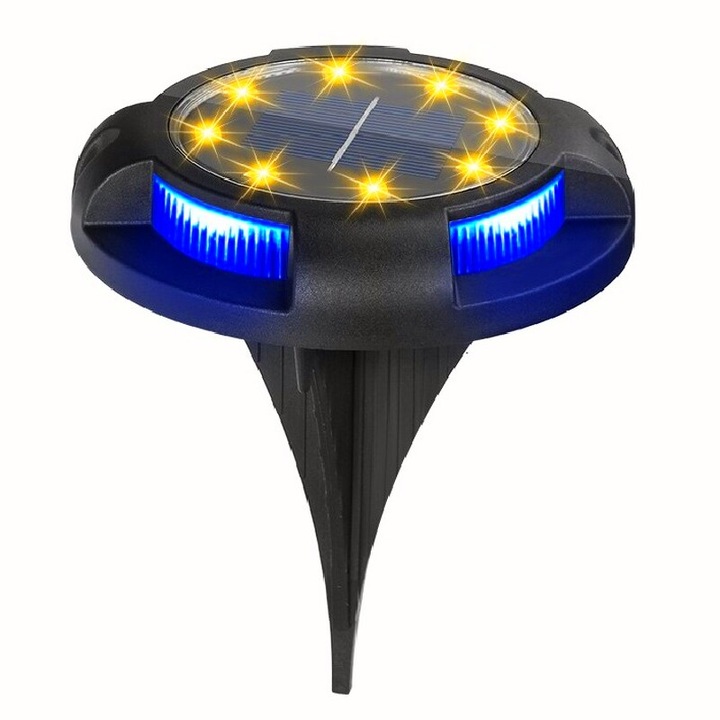 Spot solar pentru gradina, Lampa solara led tip cu 4 leduri laterale multicolore si 8 principale cald, Ip65, Material abs, Baterie 2v, 700 mah, 11x13.5 cm, Multicolor, Rezistent intemperii, Alb