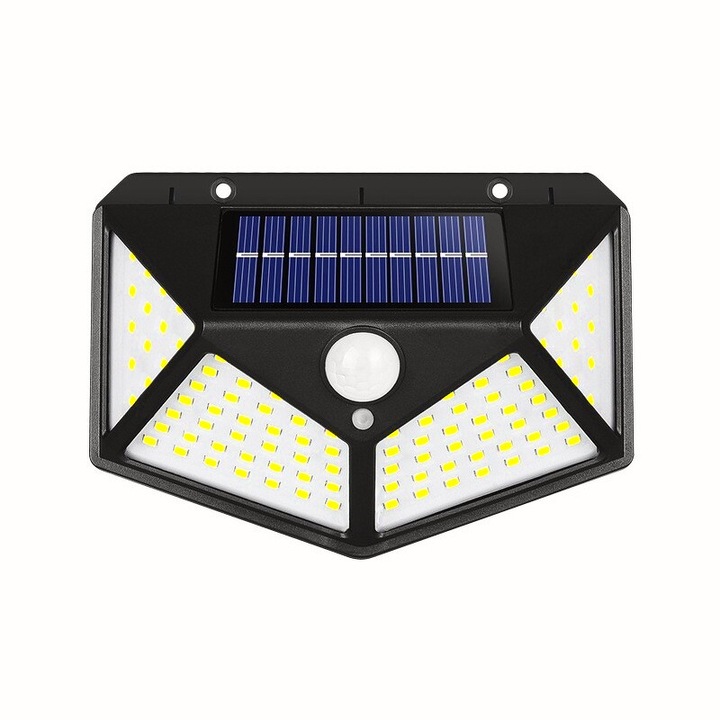 Lampa solara pentru montaj pe perete, Cu incarcare exterior, 100 led distanta de inductie, Fara cabluri, 4 fete, Instalare usoara