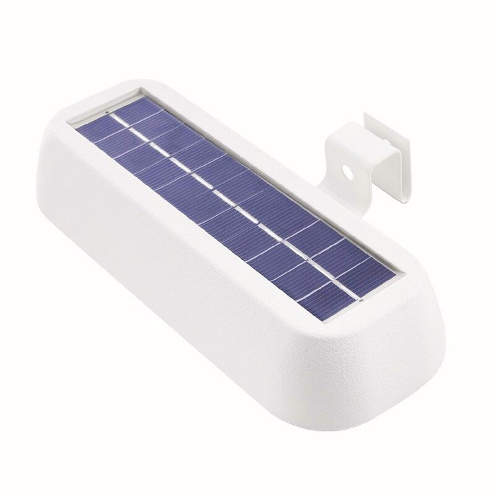 Lampa solara pentru montaj pe perete, Led dreptunghiulara 18 x 7 cm, Senzor miscare, 6v, Abs, 2200mah, Rezistent la apa, Culoare lumina rece, Alb