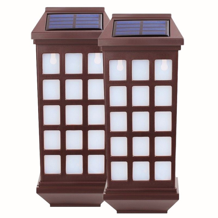 Set lampi solare pentru montaj pe perete, Lampa solara led tip felinar din 2 buc, 23 x 9 cm, 1.2v, Abs, 600mah, Rezistent la apa, Lumina cald, Maro, Intemperii, Alb
