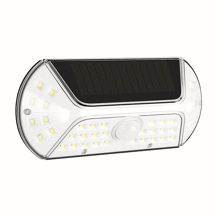 Aplica solara pentru montaj pe perete, Led smd cu senzor de miscare, Dreptunghiulara, Ip44, Luminozitate mare 40 led-uri, 3.7v, 1200mah, Autonomie 8 ore, 19.2 x 8.9 cm, Rece, Rezistent intemperii, Alb