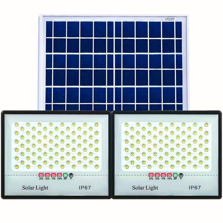 Комплект соларни лампи, 2 LED прожектора със соларен панел, Сензор за движение, Дистанционно управление, Водоустойчив, 200 вградени LED диода, 65w, 24x18 см, Ip67, Модерен дизайн, Черен