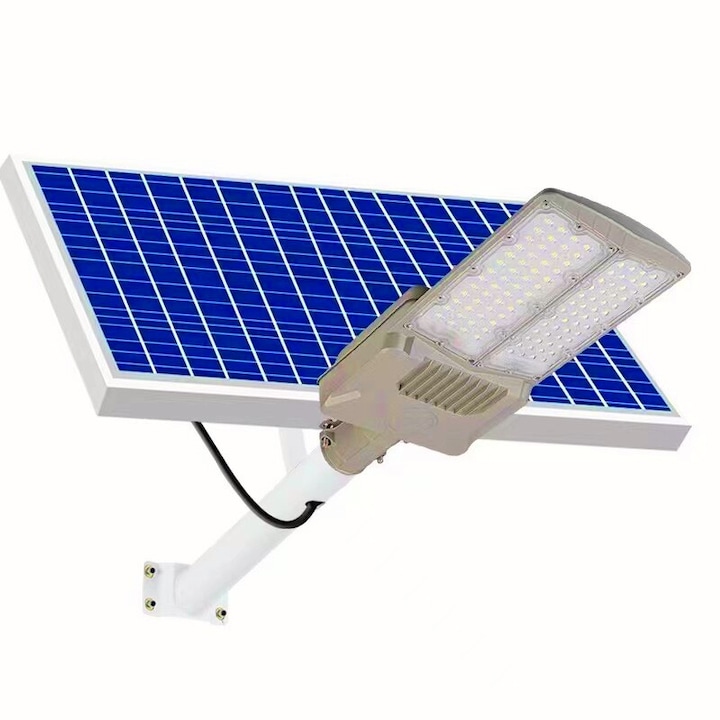 Lampa solara pentru curte, Stradala, Sau strada, Cu doua grile, Finisaj mat, Rezistent la apa, Montare prin fixare, Senzor lumina, Baterie de litiu, Ip65, Rece, Putere 500w, Autonomie 10 ore, 55 x 23 9 cm, Miscare, Intemperii, Gri