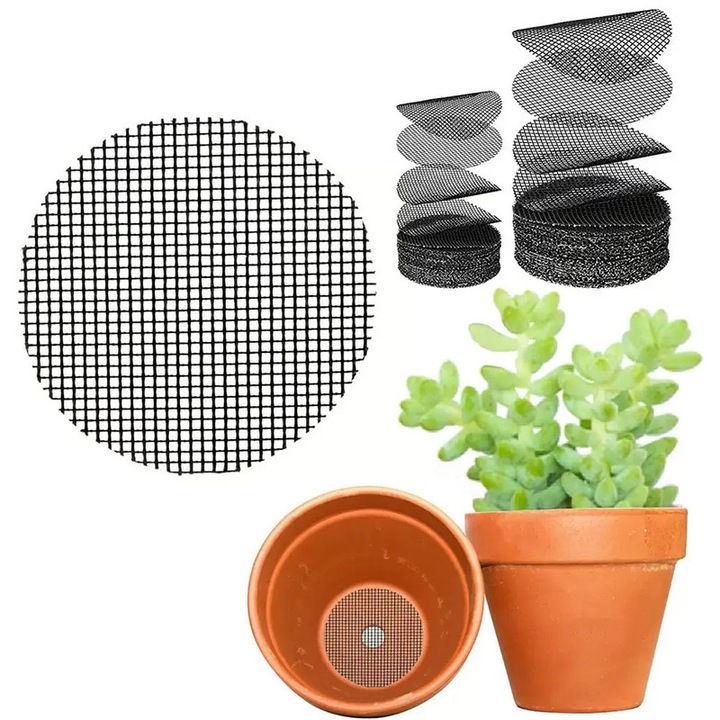 Set 100 buc Plasa de drenaj pentru fundul ghiveciului, PVC rezistent si reutilizabil, previne pierderea solului si drenajul apei, 50 buc7.5cm+50 buc10cm, pentru plante si gradinarit interior/exterior