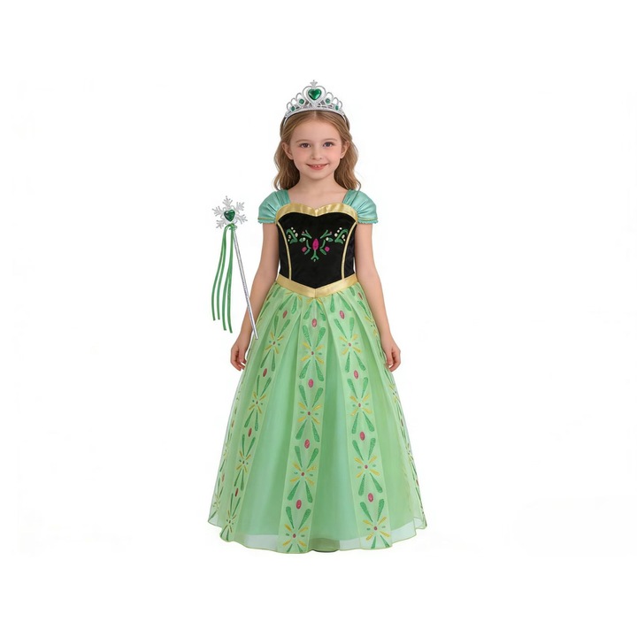 Rochie Printesa Anna cu coroana si baston, potrivita pentru diferite petreceri de sarbatoare, 5-6 ani, 120 cm, verde