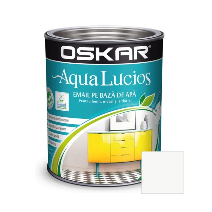 Vopsea pentru lemn / metal, Oskar Aqua Lucios, interior / exterior, pe baza de apa, alb murdar perla, 0.6 L