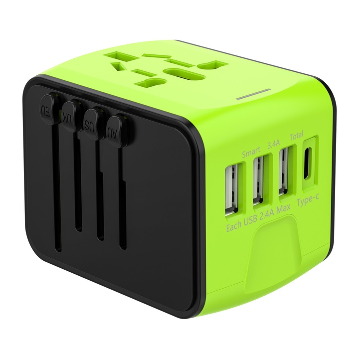 Adaptor de călătorie universal 5 în 1, priza cu 1 AC, 3 USB A, 1 USB C, siguranță dublă, verde