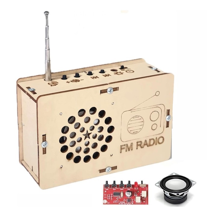 Kit de lipit pentru electronice, Kit DIY boxa Bluetooth cu carcasa, componente electronice pentru lipit si asamblare, 88MHz-109MHz, Receptie ridicata ce prinde posturi regionale/la sate, Pentrustudenti si incepatori invatarea lipirii, OUYLAF, din lemn