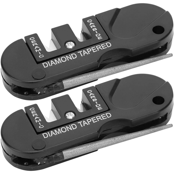 Set 2 ascutitoare cutite 4-in-1, piatra tungsten, ceramica si tija diamantata, portabil, pentru lame drepte si zimtate, camping, drumetii, supravietuire, bucatarie, piese ascutire, compact, negru