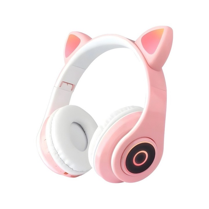 Casti bluetooth cu urechi de pisica, cu led, durabilitate 4 h, Roz, slot pentru card de memorie si telefoane Pentru Android.Jocuri, Copii, Sunet de inalta calitate