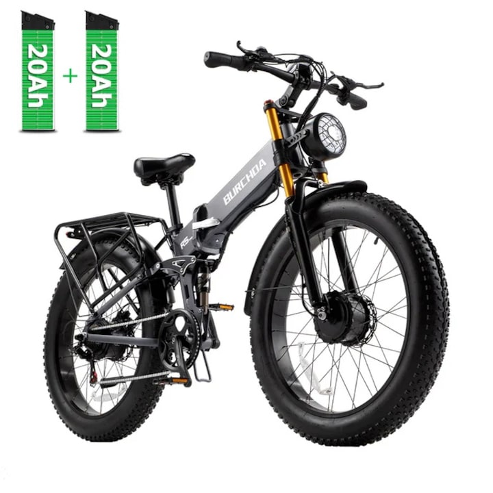 Bicicleta electrica Pliabila BURCHDA R5 PRO, 2 x baterii 48V/20Ah, 1 x Motor 1500W, autonomie 200 km, Gri