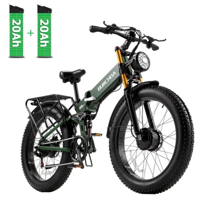 Bicicleta electrica Pliabila BURCHDA R5 PRO, 2 x baterii 48V/20Ah, 2 x Motoare x 1500W, autonomie 200 km, Verde