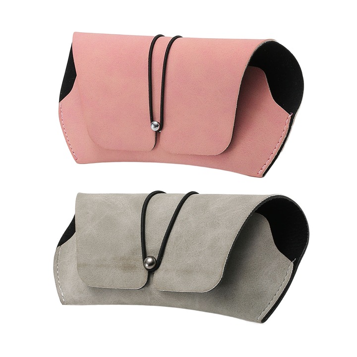 Set 2 bucati etui ochelari din piele PU, TRADERPLUS, roz+gri, 16.5x7.5x3cm