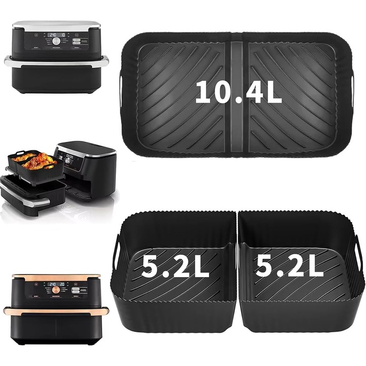 Tava silicon pentru friteuza cu aer YOUKUKE®, set 3 bucati, 10.4L, 2x5.2L, Reutilizabil, neaderent, termorezistent