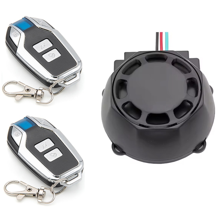 Alarma Antifurt Motocicleta Bicicleta 12V Techstar, Sirena 120-125dB, Waterproof IP55, Reincarcabila USB-C 700mAh, 2 Telecomenzi, 7 Nivele Sensibilitate, Localizare