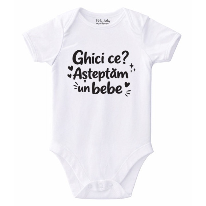 Body bebeluș alb 50 cm bumbac, cadou anunț sarcină „Ghici ce? Așteptăm un bebe”