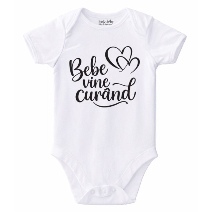Body bebeluș, alb, bumbac, 0-3 luni, set anunț sarcină „Bebe vine curând”