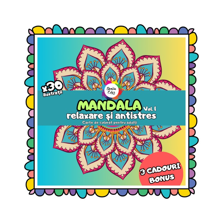 Carte de colorat pentru adulți DenisaColor, Mandala vol. 1, 30 ilustrații, 21x21 cm