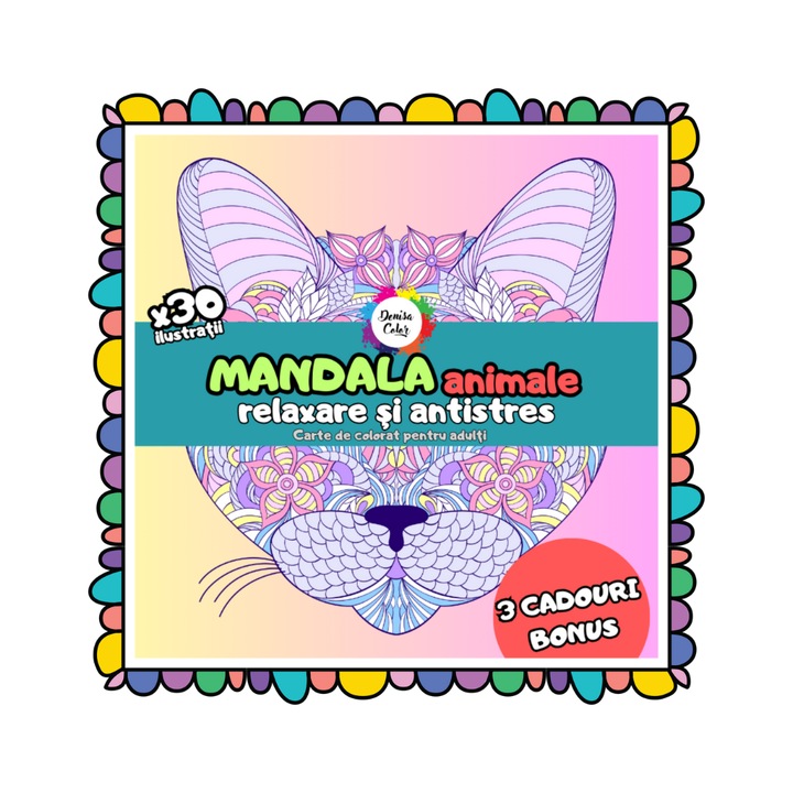 Carte de Colorat pentru Adulti, DenisaColor, Mandala Animale, 30 Ilustratii, 21x21cm