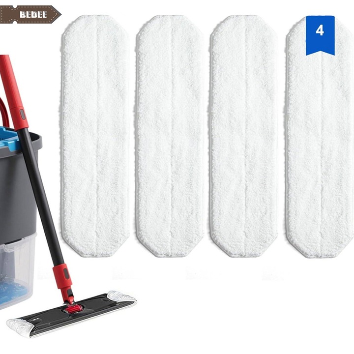 Set 4 rezerve mop, Bedee, Rezerve de mop pentru mopul plat O-Cedar H2pro, capete de mop din microfibra reutilizabile, lavabile la masina, Alb