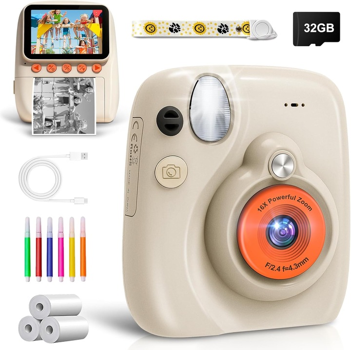 Camera foto instant pentru Copii, Bedee,1300mAh,1080P, Zoom de 16x, Focalizare automata, Ecran de 48MP si 3.0 inci, cu card de 32 GB, hartie de imprimare si pixuri colorate, Kaki