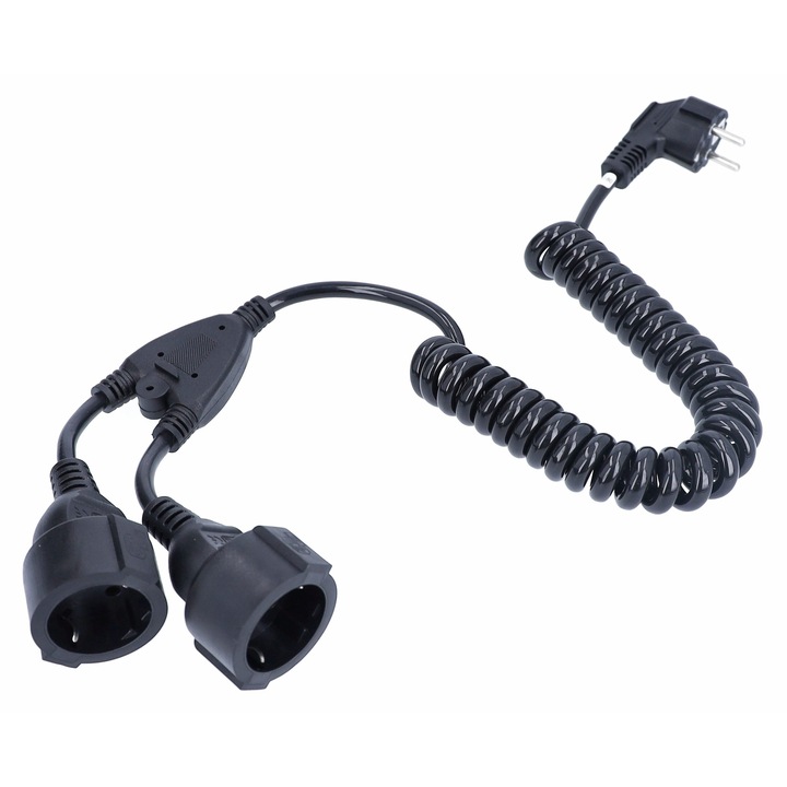 Cablu spiralat cu contact de protectie bidirectional, negru H05VV-F 3G1,5 230V / 16A / max. 3500W- IP20 2,5 m