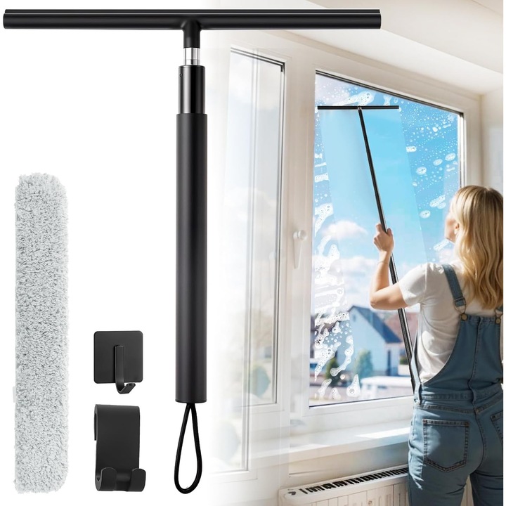 Stergator de dus extensibil Bedee, 33-146 cm, silicon, cu husa din material absorbant, pentru baie, feronerie, geamuri, podea