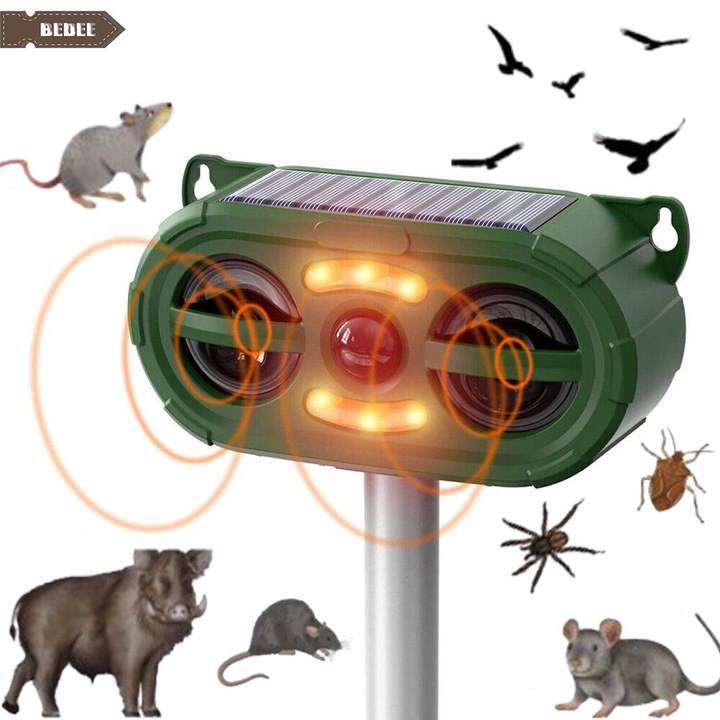 Aparat profesional cu ultrasunete si panou solar, Bedee, Rezistent la apa IP44, USB,800mah x 3, cu senzor de miscare si lumina intermitenta, anti rozatoare, anti sobolani, dihori, pasari, reptile, caini, pisici, animale salbatice