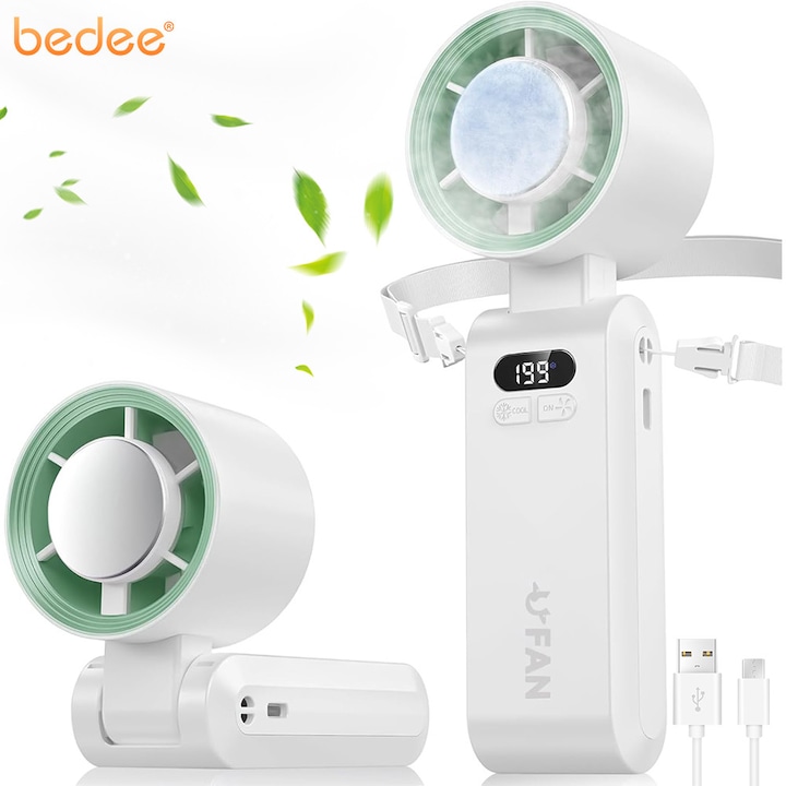 Ventilator ultra portabil, Bedee,4000mah,1-199 viteze, functie de racire, reincarcabila, pliabila, ventilator de mana portabil cu turbo pentru calatorii, exterior, camping, acasa, birou, Alb