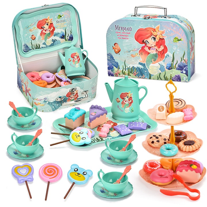 Set Complet pentru Petrecerea de Ceai Kuvikoo™ cu Tema Sirene - 42 Piese Din Materiale Sigure, pentru Invatarea Prin Joc. Invata Bunatati, Impartasirea si Modul la Masa intr-un Mod Distractiv. Ideal pentru Fete 3-8 Ani