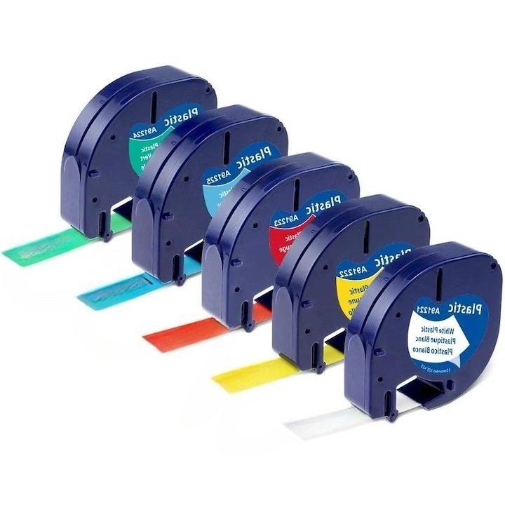 Set 5 Etichete plastic alb 12mm x 4m compatibile Dymo 91201, Multicolor, pentru DYMO, Hartie sintetica termica, Nu se deterioreaza usor dupa aplicare, Rezistent la decolorare